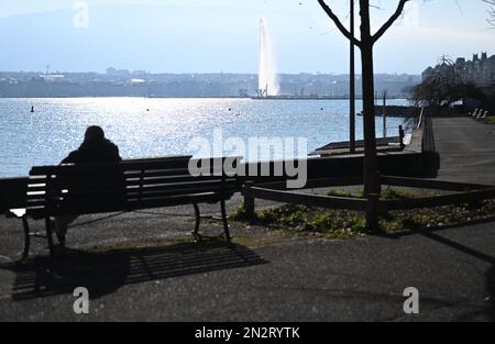 Genf, Suisse. 07th févr. 2023. Vue sur le lac Léman . Le Président de la Confédération suisse a plusieurs nominations à Genève au Comité international de la Croix-Rouge. Credit: Britta Pedersen/dpa/Alay Live News Banque D'Images