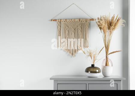 Fleur de Reed dans des vases en verre sur le meuble gris près du mur blanc avec élément décoratif. Espace pour le texte Banque D'Images