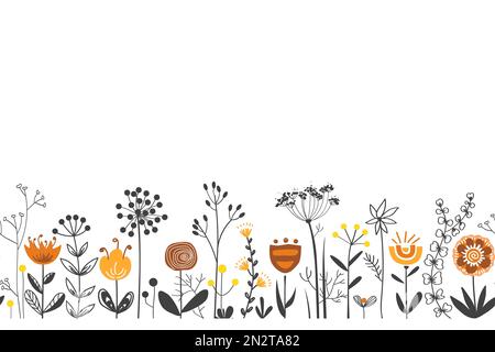 Les fleurs de fées bordent dans le style folklorique scandinave, motif vectoriel sans couture. Répétition de l'arrière-plan de prairie d'herbe d'herbe d'herbe. Design pour tissu, cartes Illustration de Vecteur