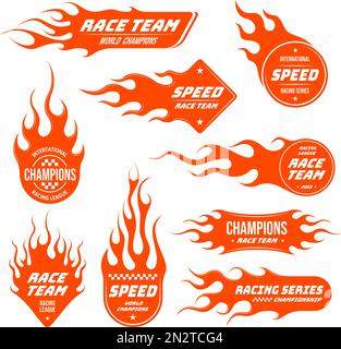 Symbole de flamme. Patch de l'équipe de course de voiture de vitesse, autocollant d'étiquette de champions de sport et ensemble de vecteurs d'insigne de feu chaud Illustration de Vecteur