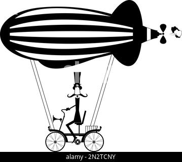 Le moustachu dans le chapeau de dessus vole sur le vaisseau aérien isolé Illustration de Vecteur