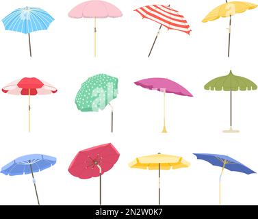 Parapluie de plage de dessin animé. Grands parasols extérieurs avec bandes, ensemble d'illustrations vectorielles isolées pour pare-soleil d'été Illustration de Vecteur