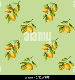 Motif aquarelle sans couture avec citron mûr frais et feuilles et fleurs vert vif. Des tranches d'agrumes coupées dessinées à la main, peintes sur fond d'olive. Pour Banque D'Images