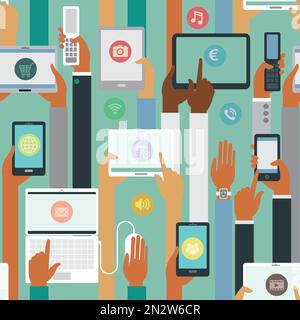 Mains tenant des appareils intelligents motif vectoriel transparent Illustration de Vecteur