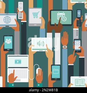 Mains humaines tenant les appareils intelligents schéma fluide Illustration de Vecteur