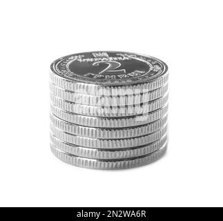 Pile de pièces ukrainiennes sur fond blanc. Monnaie nationale Banque D'Images