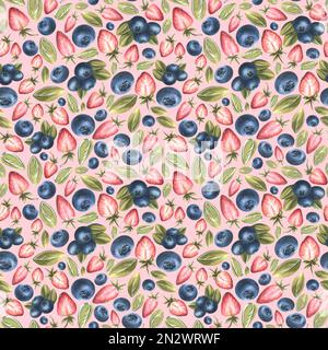 Fraises et bleuets avec feuilles sur fond rose. Illustration aquarelle. Motif sans couture de la collection de BONBONS. Pour la décoration Banque D'Images