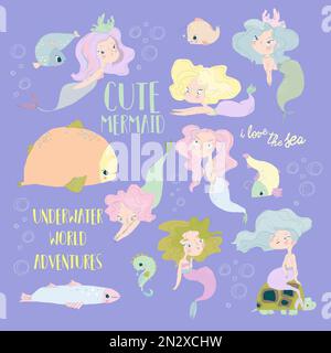 Ensemble de dessins animés avec de mignons Mermaids et Fuuny Fish Illustration de Vecteur