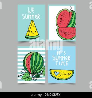 Jeu vectoriel de cartes d'été brillantes. Belles affiches d'été avec pastèque et texte écrit à la main. Illustration de Vecteur