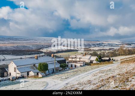 Une vue sur Arla Burn et West Farms près de Middleton à Teesdale vers Holwick au loin. Banque D'Images
