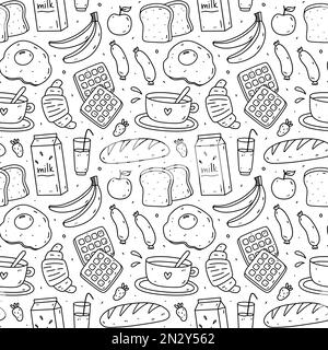 Joli motif sans couture avec les plats du petit déjeuner - toasts, œuf frit, saucisses, café, croissants, gaufres. Illustration vectorielle d'une caniche dessinée à la main. Parfait pour l'impression, l'emballage, le papier peint, divers motifs. Illustration de Vecteur