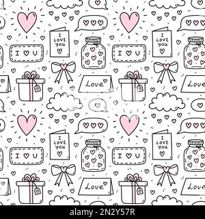 Joli motif sans couture pour la Saint-Valentin avec coeurs, cadeaux, nuages, lettres d'amour et confessions. Illustration vectorielle d'une caniche dessinée à la main. Parfait pour les motifs de vacances, l'imprimé, le décor, l'emballage. Illustration de Vecteur