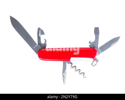 Couteau pliant rouge-multitool isolé sur fond blanc Banque D'Images