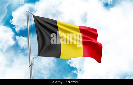 Drapeau belge sur fond de ciel. 3D rendu Banque D'Images