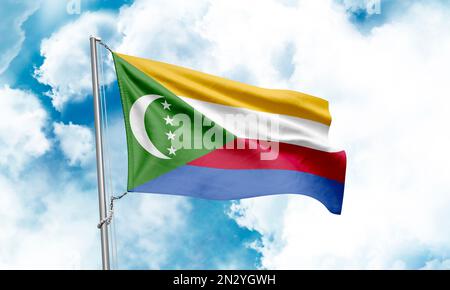 Drapeau des Comores agitant sur fond de ciel. 3D rendu Banque D'Images