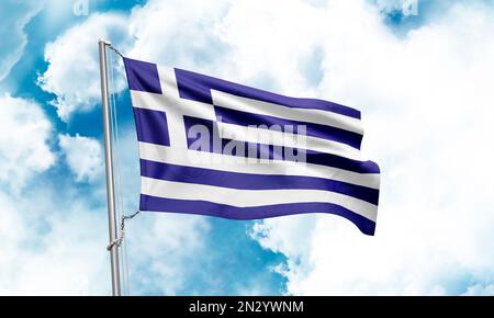 Drapeau grec agitant sur fond de ciel. 3D rendu Banque D'Images