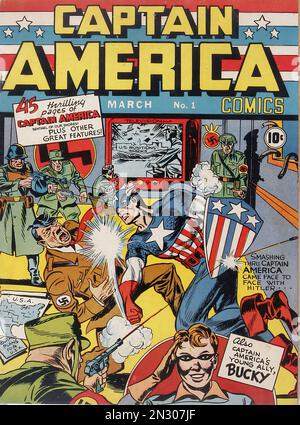 Captain America face à face avec Hitler - couverture du magazine American Comics pendant la Seconde Guerre mondiale Banque D'Images