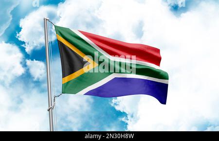 Drapeau sud-africain agitant sur fond de ciel. 3D rendu Banque D'Images
