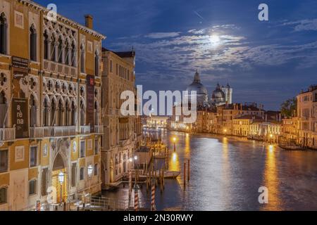 Venise, Italie, illuminée la nuit avec des canaux lumineux, une architecture historique, des ponts et des reflets sur l'eau. Banque D'Images