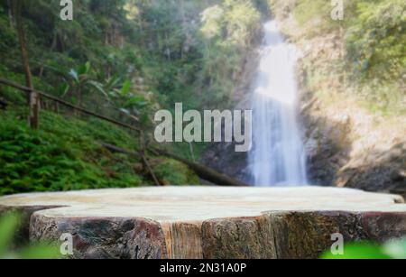 table en bois podium à l'extérieur cascade vert luxuriante forêt tropicale nature background.organic produit naturel sain présent placement socle co Banque D'Images