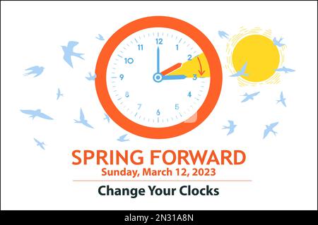 Heure d'été du printemps 2023. Rappel de bannière avec changement d'horloge à une heure à l'avance. Illustration vectorielle graphique concept de Spring Forward avec d Illustration de Vecteur