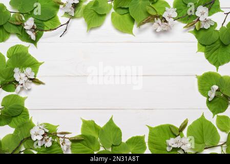 Cadre décoratif de feuilles de tilleul vert et de fleurs de cerisier sur fond de bois blanc. Modèle pour la conception. Mise en page à plat, vue de dessus Banque D'Images