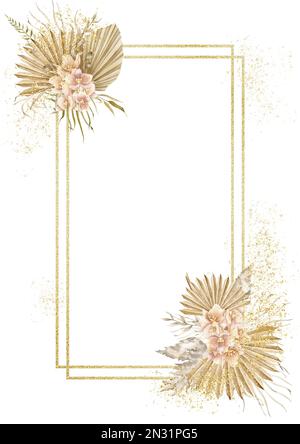 Cadre avec feuilles de palmier sèches, fleurs d'orchidées et texture dorée. Modèle rectangulaire aquarelle dessiné à la main pour les cartes de vœux ou les invitations de mariage sur fond isolé dans le style boho tropical. Banque D'Images