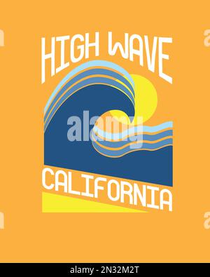 High wave California Typographie été plage vagues illustration soleil motif graphique pour t-shirt imprimé, autocollant, vecteur Illustration de Vecteur