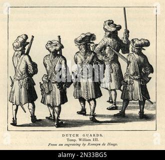 Illustration vintage Dutch Guards Temp William III, soldats d'infanterie du 17th siècle avec des mousquets, Histoire militaire Banque D'Images