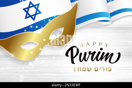 Happy Purim avec masque et drapeau sur planche en bois. Texte hébreu - Happy Purim, masque de carnaval doré et drapeau agitant d'Israël. Carte vectorielle de vacances juive Illustration de Vecteur