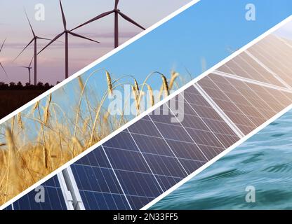 Collage avec photos d'eau, de champ, de panneaux solaires et d'éoliennes. Source d'énergie alternative Banque D'Images
