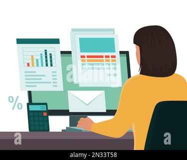 Femme d'affaires assise à un bureau, vérifiant la paperasse et les documents électroniques en ligne Illustration de Vecteur