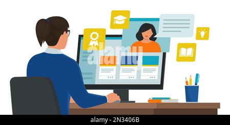 Femme assise au bureau et se connectant à son ordinateur, elle prend des cours en ligne, e-learning et concept de cours en ligne Illustration de Vecteur