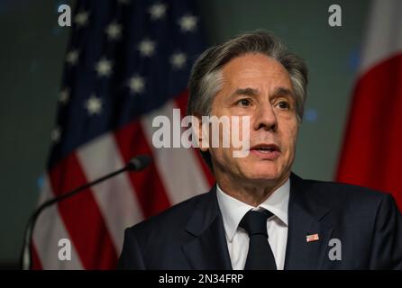 WASHINGTON DC, États-Unis - 13 janvier 2023 - le secrétaire d’État américain, Antony Blinken, prononce une allocution devant lui et le ministre japonais des Affaires étrangères, Haya Banque D'Images