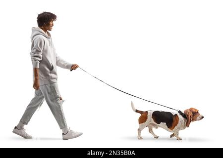 Photo pleine longueur d'un jeune homme afro-américain qui marche un chien de petit chien sur une plomb isolée sur fond blanc Banque D'Images