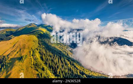 Photographie aérienne de paysage. Vue imprenable le matin depuis un drone volant de la vallée de la montagne. Scène estivale étonnante des montagnes carpathes, Ukra Banque D'Images