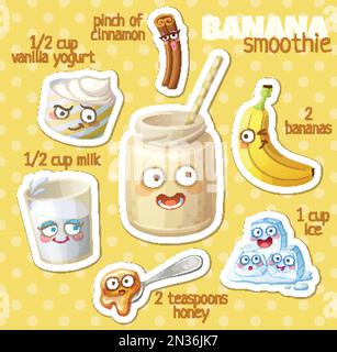 Illustration de recette de smoothie avec des personnages drôles. Milkshake ingrédients caricatures icônes vectorielles Illustration de Vecteur