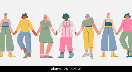 Groupe de femmes de différentes nationalités et couleurs de peau tiennent les mains. L'unification et la solidarité des femmes, le féminisme dans le monde entier. Vecteur Illustration de Vecteur