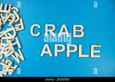 CRABE POMME fruit en bois de langue anglaise lettres majuscules se répande d'une pile de lettres sur un fond bleu Banque D'Images