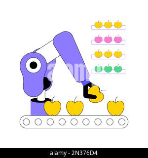Les robots de tri et d'emballage ont isolé des illustrations vectorielles de dessins animés. Pommes d'emballage robotisées, industrie agricole, agriculture intelligente, innovation dans l'agro-industrie, dessin animé vectoriel de la technologie moderne. Illustration de Vecteur