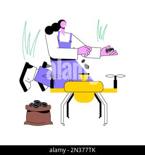 Les drones de plantation de semences ont isolé des illustrations vectorielles de dessins animés. Homme traitant de la plantation de semences de drone, l'industrie agricole intelligente, l'agriculture de précision, améliorer le dessin animé de vecteur de rendement agricole. Illustration de Vecteur