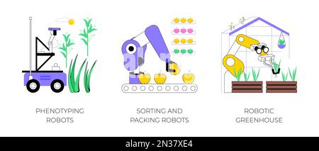 Jeu d'illustrations vectorielles de dessins animés isolées pour l'agriculture. Robots de phénotypage dans l'industrie agricole, robots de tri et d'emballage, serre robotique SMART processus de culture vector dessin animé. Illustration de Vecteur