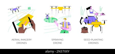 Des drones agricoles ont isolé un jeu d'illustrations vectorielles de dessins animés. Drones d'imagerie aérienne, automatisation de la pulvérisation et de la plantation de semences dans l'industrie agricole intelligente, dessin animé vectoriel de l'agriculture de précision. Illustration de Vecteur