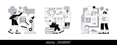 Jeu d'illustrations vectorielles abstraites de papillomavirus humain. Facteurs de risque pour le VPH, programmes d'éducation à la santé, traitement du virus du papillome, diagnostics d'infection, métaphore abstraite du système immunitaire. Illustration de Vecteur