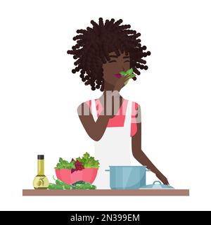 Femme africaine cuisant de la salade. Blog de nourriture, cuisine saine recette vecteur illustration de la caricature Illustration de Vecteur