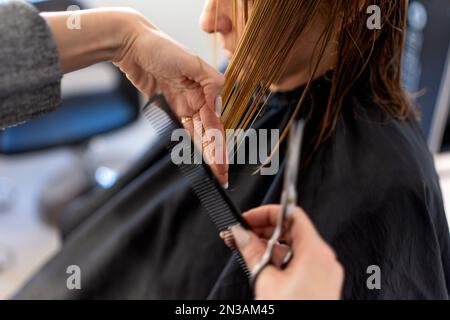 Coiffeur méconnaissable utilisant des ciseaux et un peigne pour couper les cheveux d'un client anonyme en salon Banque D'Images