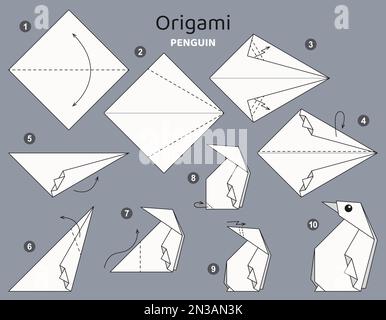 Tutoriel Origami. Manchot à motif origami pour enfants. Illustration de Vecteur