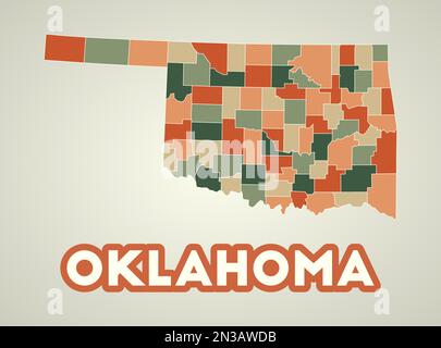 Affiche Oklahoma dans un style rétro. Carte de l'état des États-Unis avec les régions dans la palette de couleurs d'automne. Forme de l'Oklahoma avec le nom de l'état américain. Illustration de Vecteur