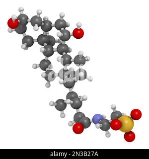 Molécule d'acide tauroursodésoxycholique (TUDCA). Conjugué de taurine et d'acide ursodésoxycholique. 3D rendu. Les atomes sont représentés comme des sphères avec couvent Banque D'Images