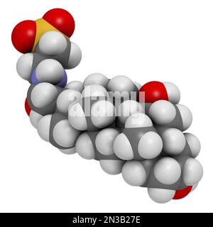 Molécule d'acide tauroursodésoxycholique (TUDCA). Conjugué de taurine et d'acide ursodésoxycholique. 3D rendu. Les atomes sont représentés comme des sphères avec couvent Banque D'Images